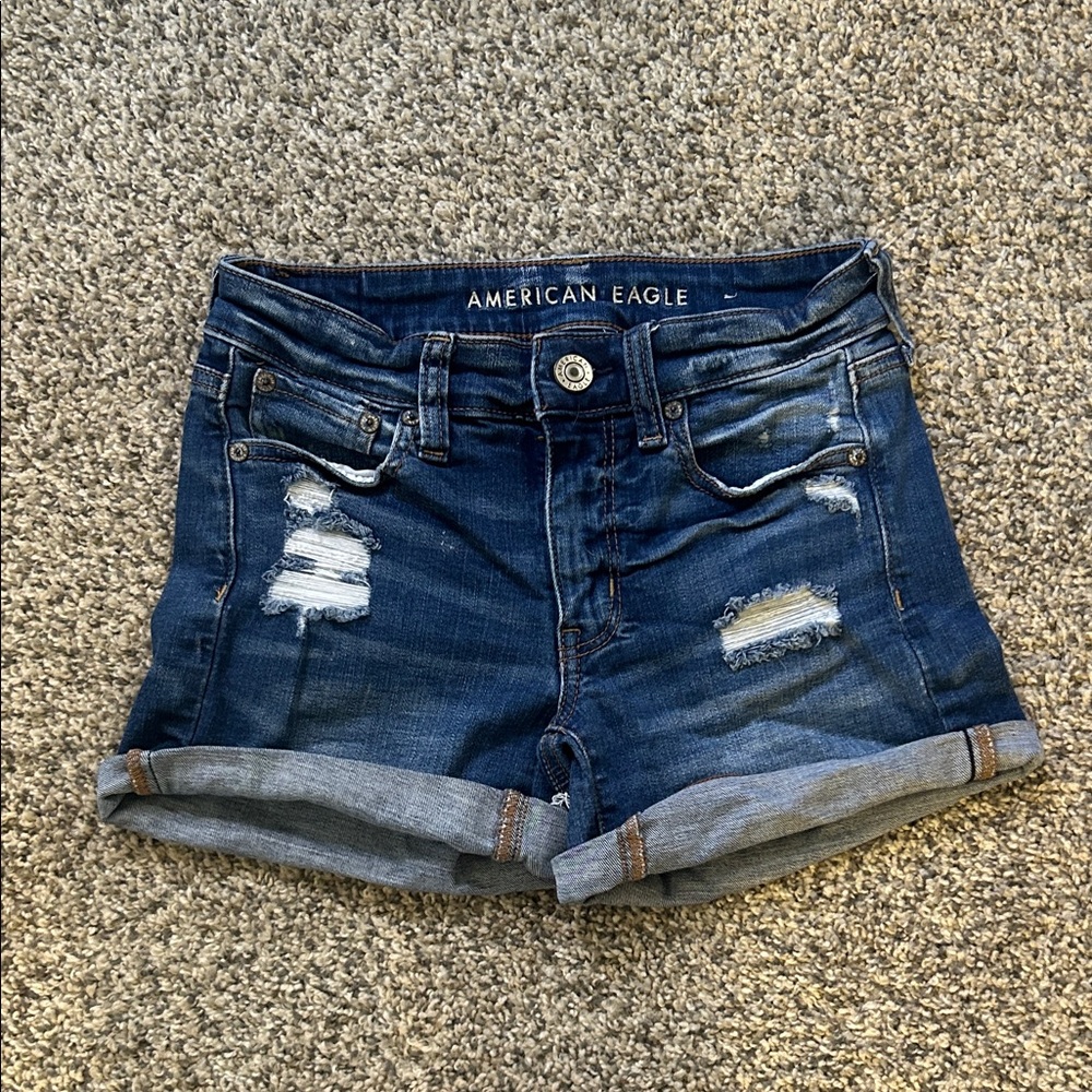 American Eagle Outfitters Women's Ripped Jean Shorts - Dark Blue